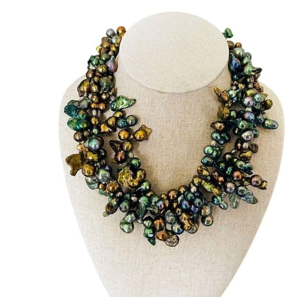 Vintage Jewelry - Vintage Peacock Baroque Freshwater Pearls Statement Necklace 18"